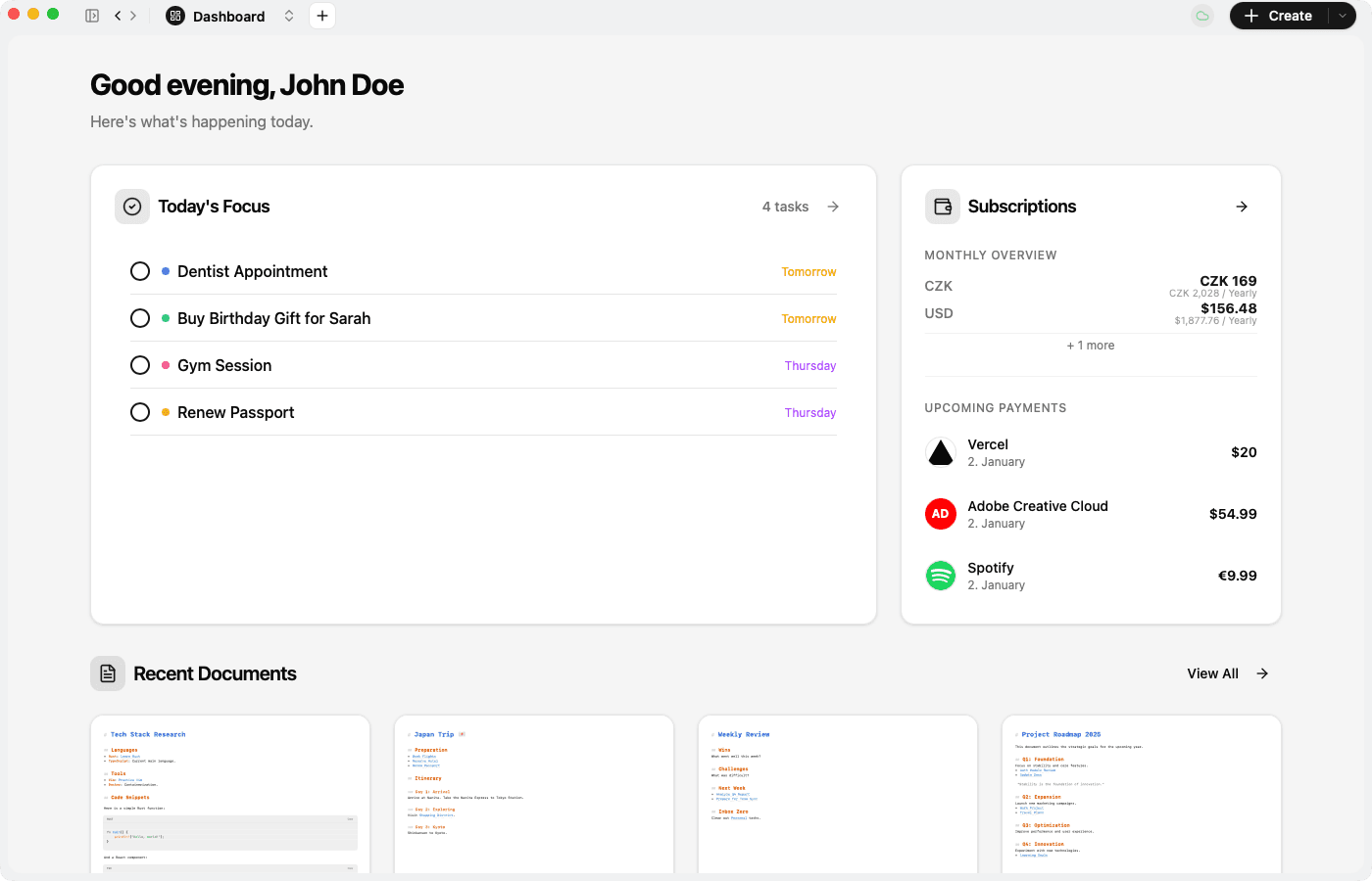 k|noto dashboard showing tasks, subscriptions, and recent documents