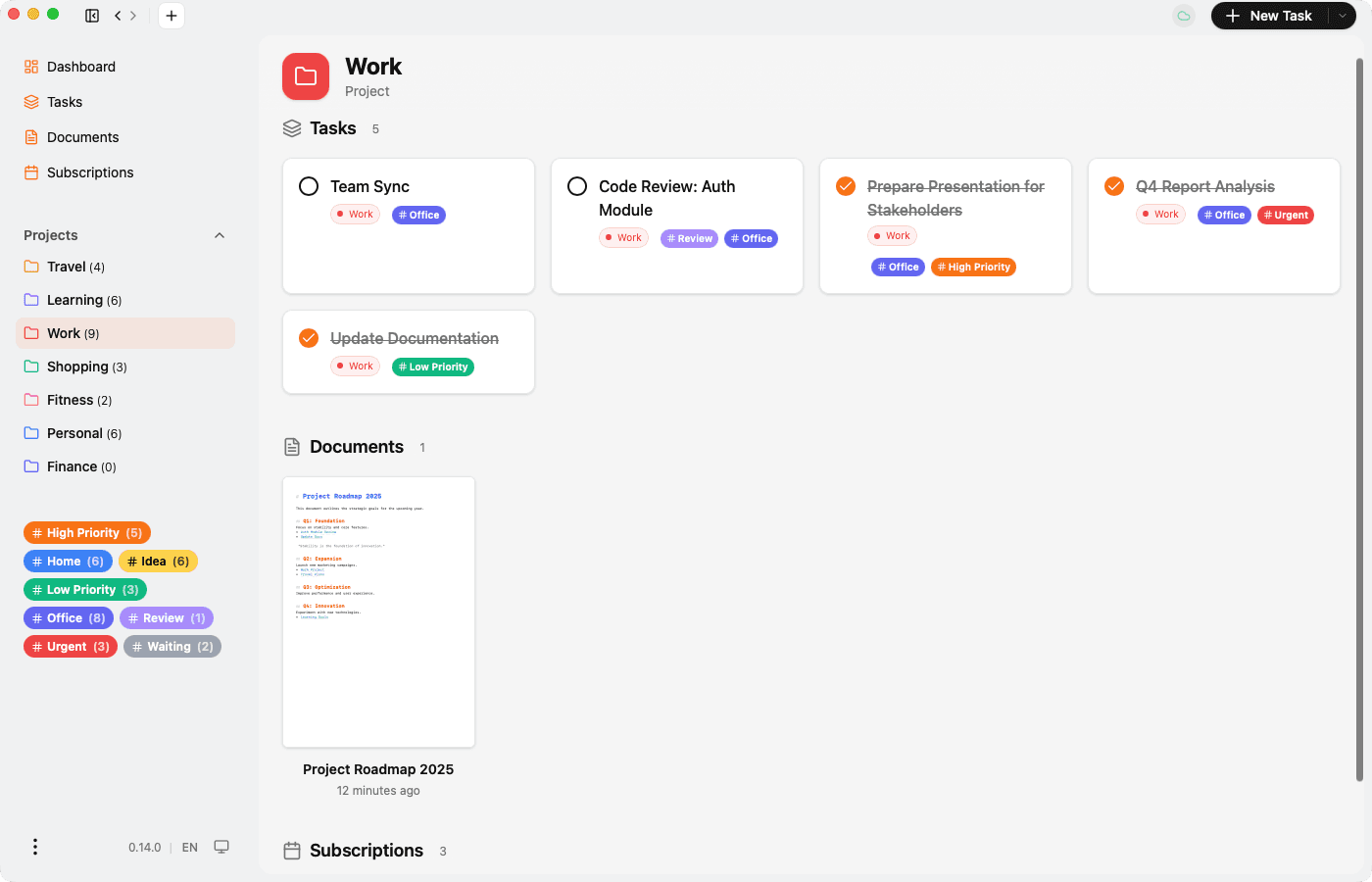 Project view with tasks and documents