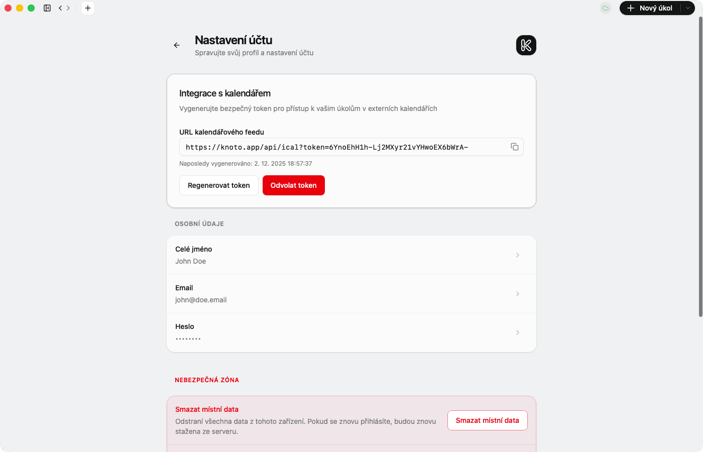 Calendar integration settings with CalDAV feed