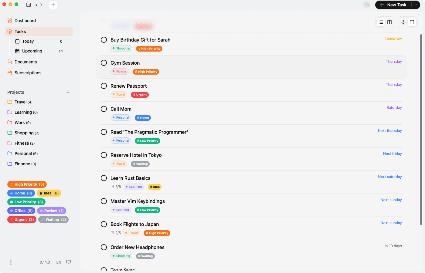 Task list with projects, tags, and due dates